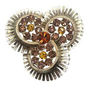 Vintage Gold Tone Amber & Topaz Colored Rhinestone Brooch